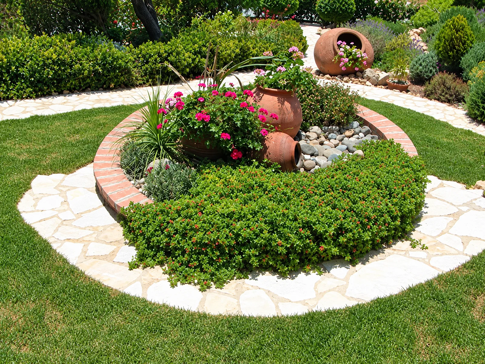 Round flower bed with clay pots in a lawn
